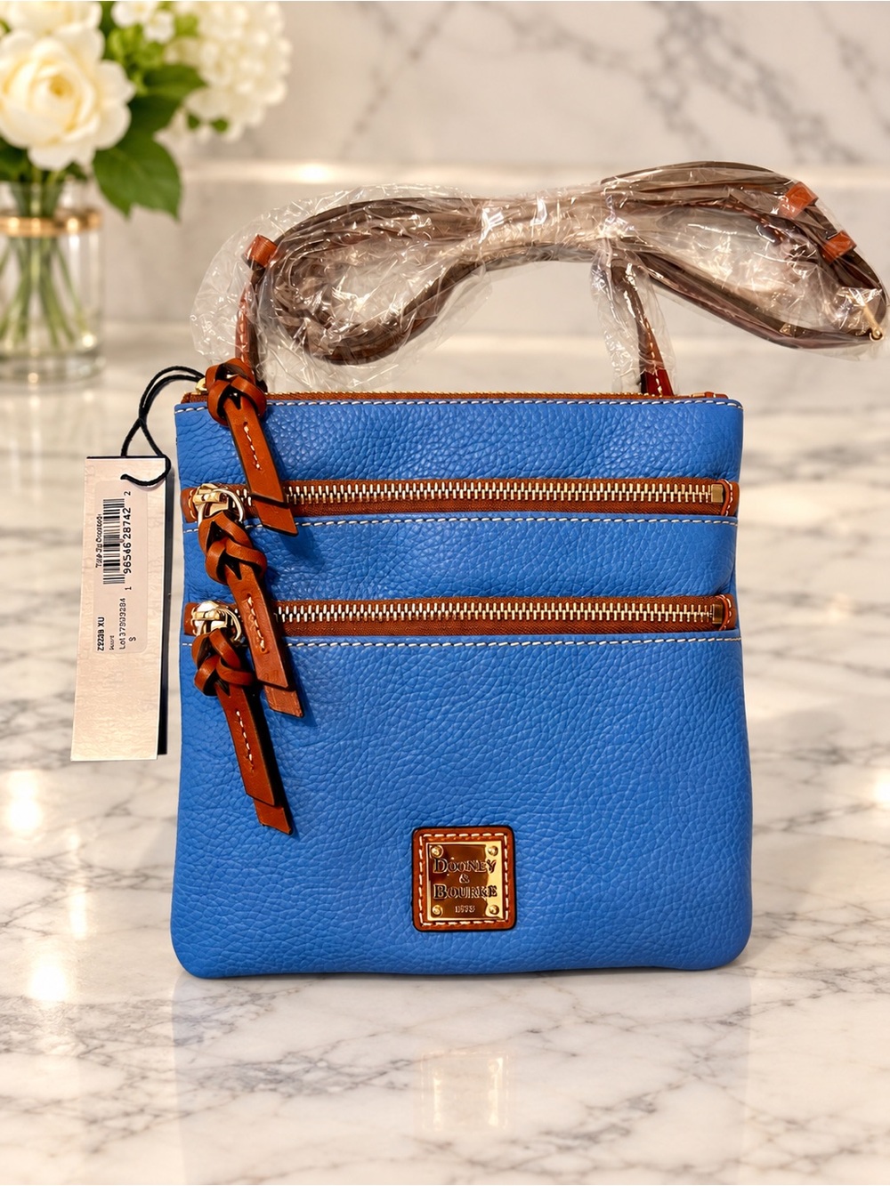 Dooney & Bourke NWT Azure Blue Pebble Leather Triple Zip Crossbody
